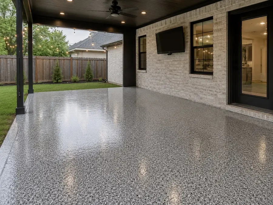 Light gray flake coating on a covered back patio in Sacramento